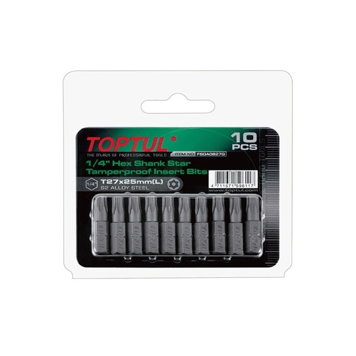 Set 10 biti pentru insurubare Toptul, profil torx T30, prindere hexagonala 1/4 inch, lungime 25 mm