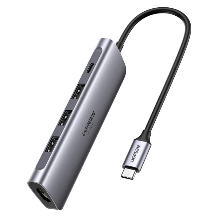 Хъб за зареждане и трансфер на данни, USB Type-C конектор, 3xUSB A 3.0, 1xHDMI 4K*2K@60HZ, PD, 100W, 176x98x18mm, Сив