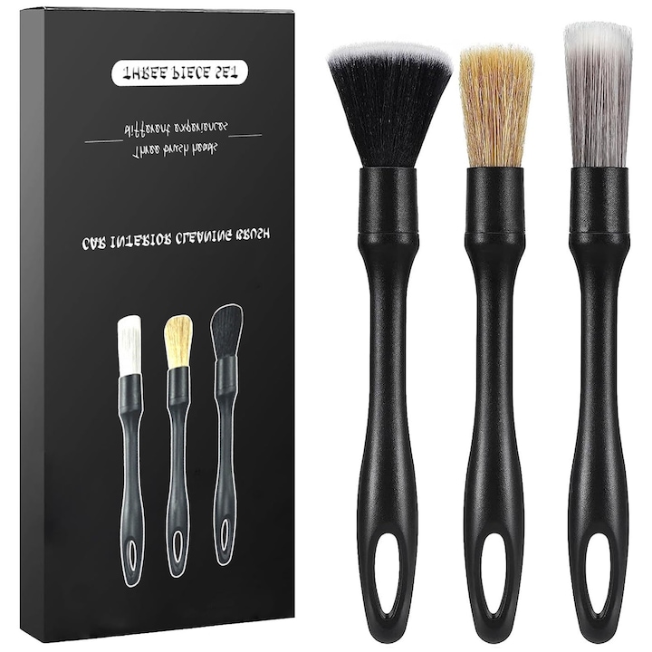 Set 3 perii profesionale, Hggzeg, Design fara metal si ergonomic, Nu este usor sa pierzi parul, Suspendabil, Pentru detailing si curatare interior-exterior auto, ventilatie, jante si spatii greu accesibile, ABS, 22cm, Negru