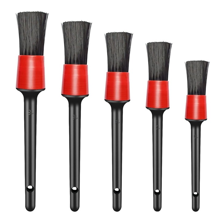 Set 5 pensule detailing auto, Hggzeg, Design ergonomic, Rezistent la uzura, Suspendabil, Pentru detailing si curatare interior-exterior auto, ventilatie, jante si spatii greu accesibile, PP, Dimensiuni diferite, Negru/rosu