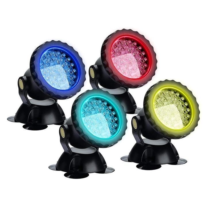 Set de 4 lampi subacvatice pentru piscina, acvariu, iaz, fantana arteziana, LED RGB, cu control prin telecomanda, impermeabile IP68, luminozitate reglabila, 36 LED-uri, rotatie 180 de grade, negru