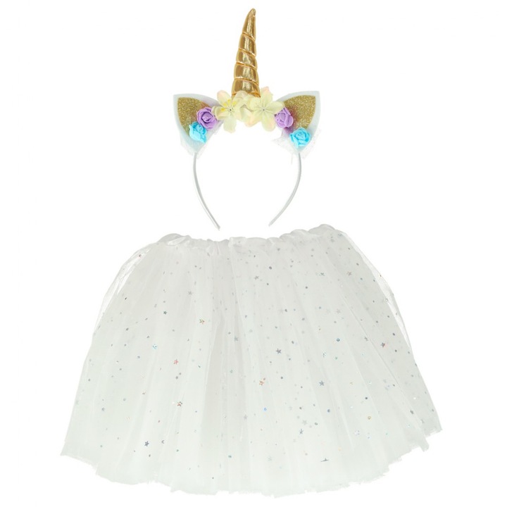 Costum carnaval unicorn 2 piese, bentita si fustita