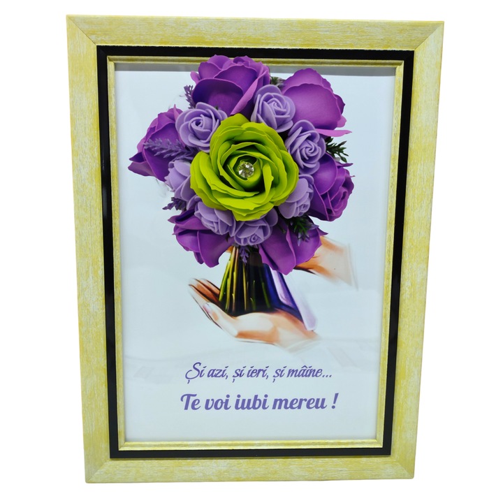 Tablou in rama A4 (30x21 cm)-Si azi, si ieri, si maine...Te voi iubi mereu!-v1 decorat cu flori de sapun mov-verde