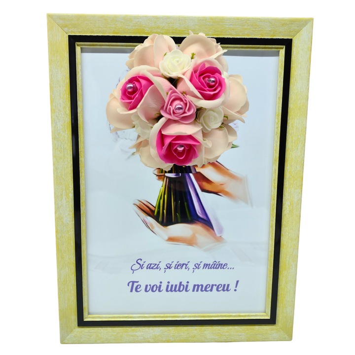Tablou in rama A4 (30x21 cm)-Si azi, si ieri, si maine...Te voi iubi mereu!-v1 decorat cu flori de sapun roz deschis