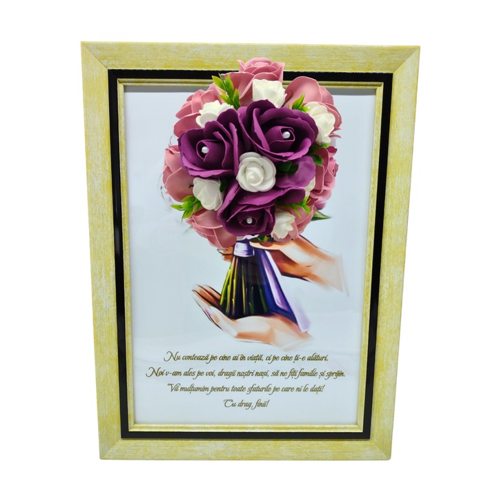 Tablou in rama A4 (30x21 cm)-Nu conteaza pe cine ai in viata, ci pe cine ti-e alaturi-v1 decorat cu flori de sapun visiniu-roz pal
