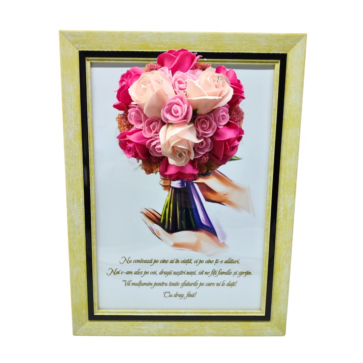 Tablou in rama A4 (30x21 cm)-Nu conteaza pe cine ai in viata, ci pe cine ti-e alaturi-v1 decorat cu flori de sapun roz pal-roz