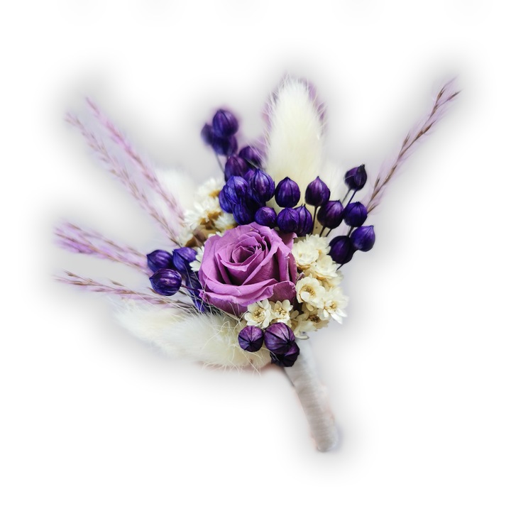 Cocarda, Floare de piept, Mini roza criogenata si plante uscate, mov, Bloom Atelier
