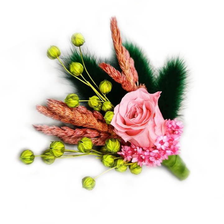 Cocarda, Floare de piept, Mini roza criogenata si flori uscate, roz, Bloom Atelier