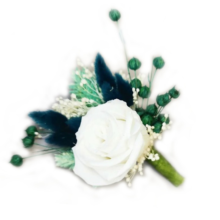 Cocarda, Floare de piept, Trandafir M criogenat si plante uscate, alb, Bloom Atelier