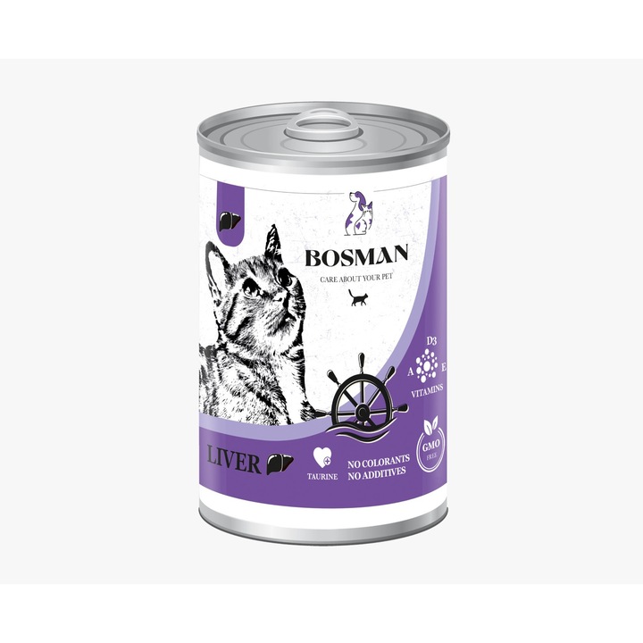 Conserva hrana umeda pentru pisici adulte, BOSMAN, Ficat, 24 x 415g