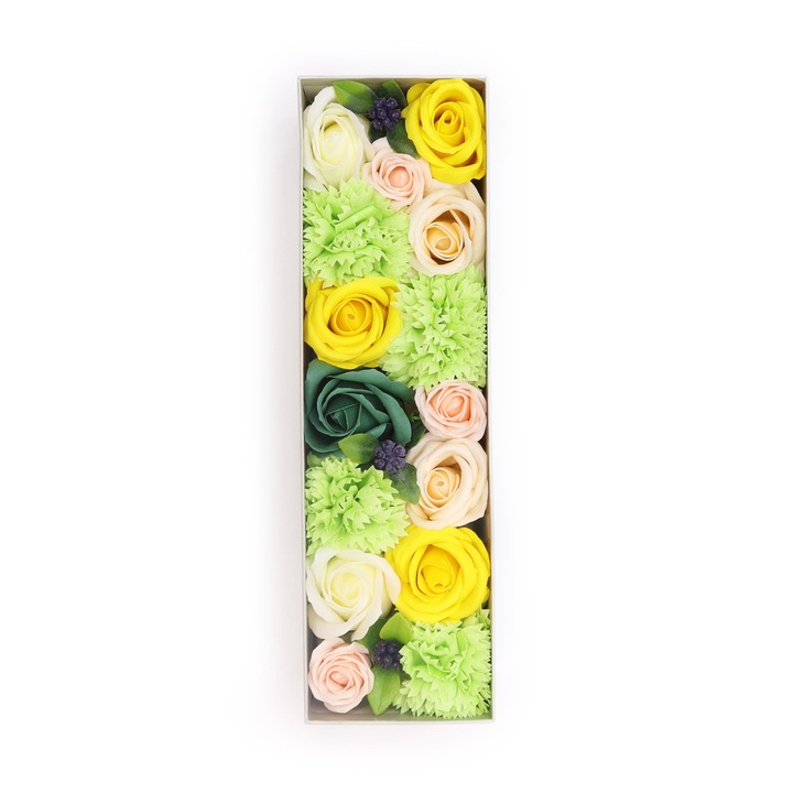 Aranjament floral cu mix de flori de sapun, in cutie cadou dreptunghiulara, 18 de trandafiri, Spring Celibrations, galben si verde