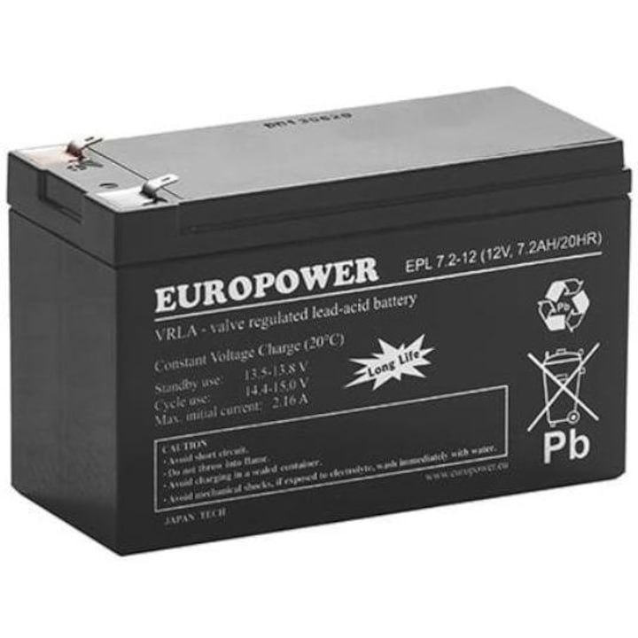 Акумулатор AGM, EuroPower, 12V, 7.2Ah, T1, черен