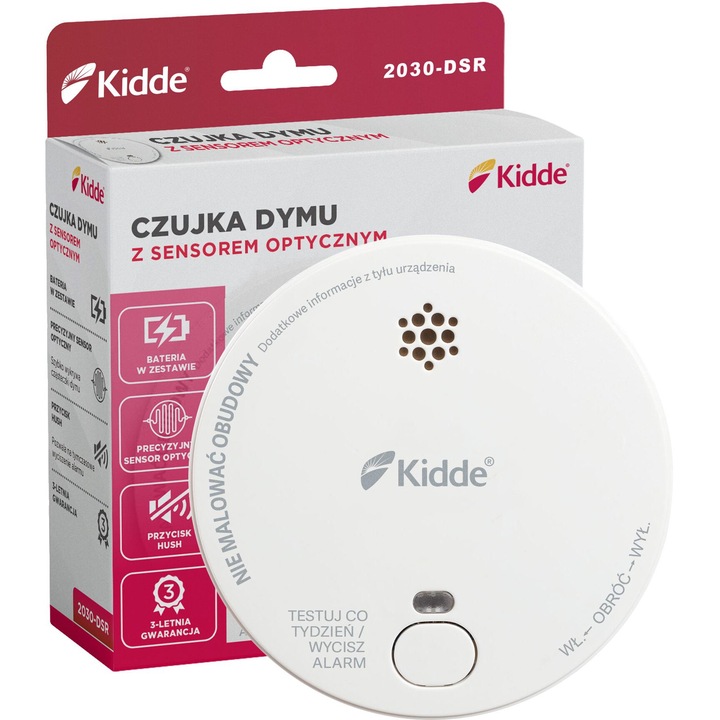 Detector de fum, Kidde 2030-DSR, Alb, Senzor Optic, Alimentare pe Baterie 9V, Functie Mute, Certificat EN14604, Alarma 85 dB, LED Indicator