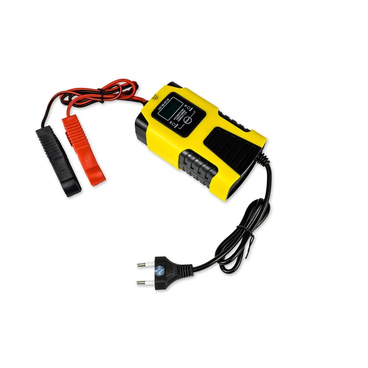 Autós akkumulátortöltő, Volt, Automata LCD-vel, 6V 2A/12V 4A, Kompakt, Fekete/sárga