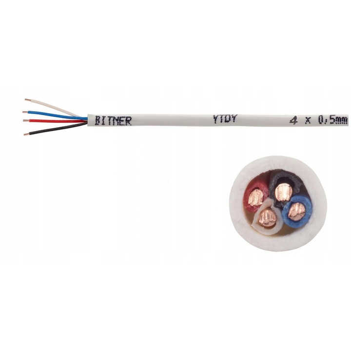 Кабел за аларма Bitner, Мед, 4 проводника, 4 x 0.5 мм, 100 м, Бял