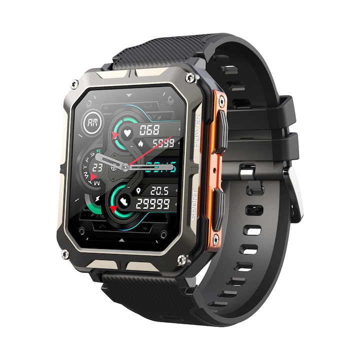 Часовник Smartwatch, 1.81-инчов, С HD екран, Сензорен екран, 123 спортни режима, Водоустойчив, Whatsapp, Facebook, Instagram, Разговори, Bluetooth, Стъпки, Сърдечен ритъм, Ниво на кислород в кръвта, Заседнал режим, 10-дневна автономност, Черен с оранжево