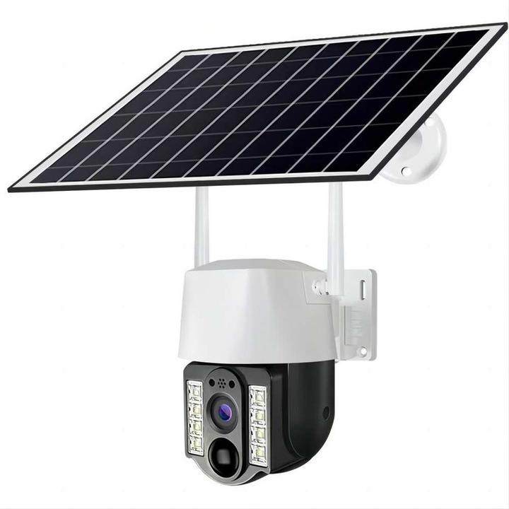 Napelemes biztonsági kamera, 3 MP, V380 4G, SIM foglalat, képérzékelő, színes éjszakai látás, intelligens követés, forgás, mozgásriasztás, beltéri és kültéri, PTZ, IPX6, fehér