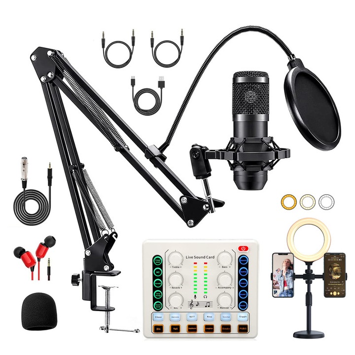 Pachet de echipamente pentru podcast cu inel si suport pentru telefon, Microfon podcast BM-800, cu brat microfon, perfect pentru inregistrare video, streaming media, WALALLA, Negru carbon