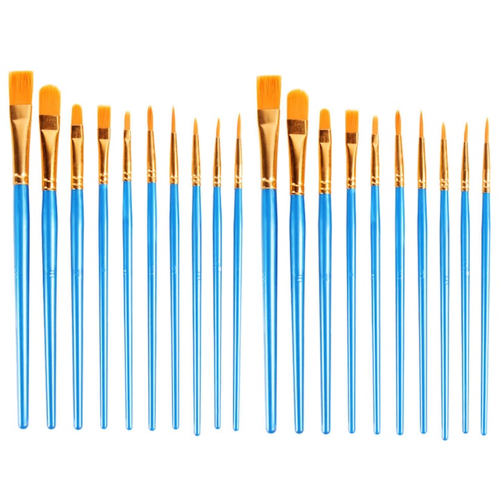 Set 20 pensule profesionale, Axroad Mall, Rezistent la caldura si uzura, Usor de curatat, Pentru pictura in ulei, acuarela sau acrilica, microdetalii, Plastic/Nylon, 10 dimensiuni, Albastru