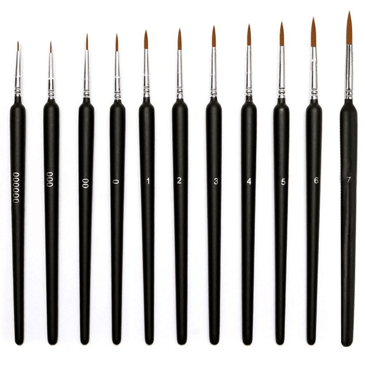 Pensule set pentru miniatura si detaliu, Axroad Mall, Set 11 pensule de precizie, Designul ergonomic, Usor de curatat, Pentru pictura in ulei, acuarela, pictura pe piatra, Lemn/Nylon, 11 diferite dimensiuni, Negru