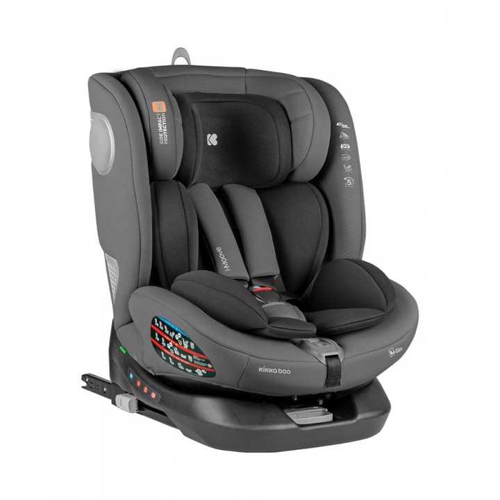 Стол за кола KikkaBoo i-Moove, i-SIZE 40-150 см, ISOFIX, SPS, 360' въртене, Top tether, Dark Grey