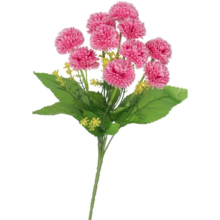Buchet cu 10 flori artificiale, Plastic, 36 cm, Verde/Roz