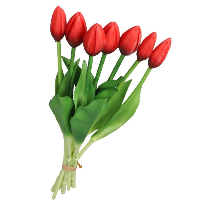 Buchet 7 lalele artificiale, Silicon, Rosu/Verde