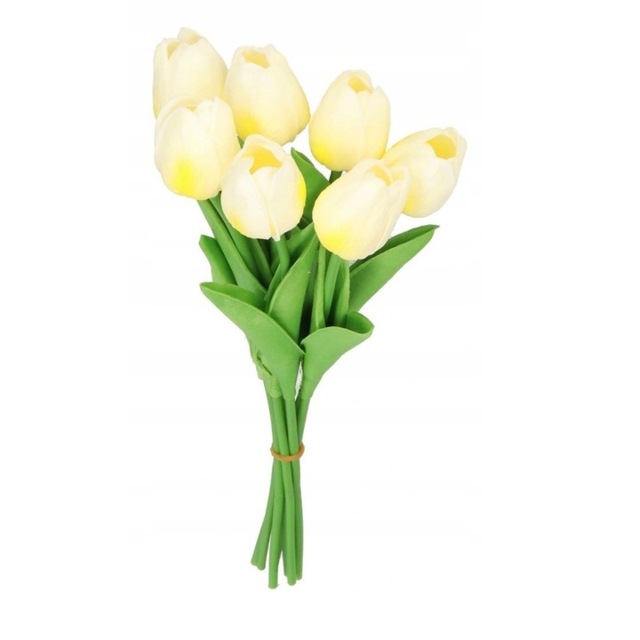 Buchet lalele artificiale, Spuma, 34 cm, 7 fire, Galben/Verde