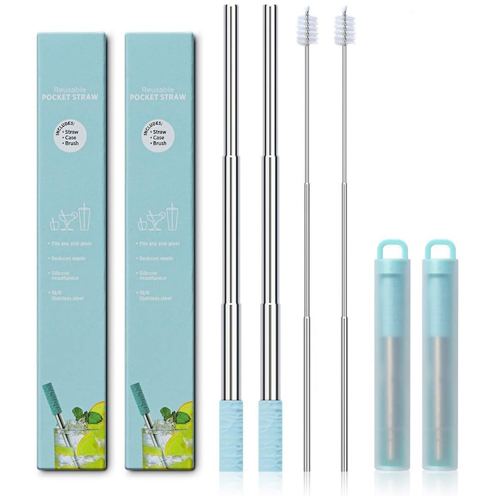2 db rozsdamentes fém szívószál és tisztítókefe készlet, állítható hosszúságú, újrafelhasználható, hordozható, higiénikus, JENUOS®