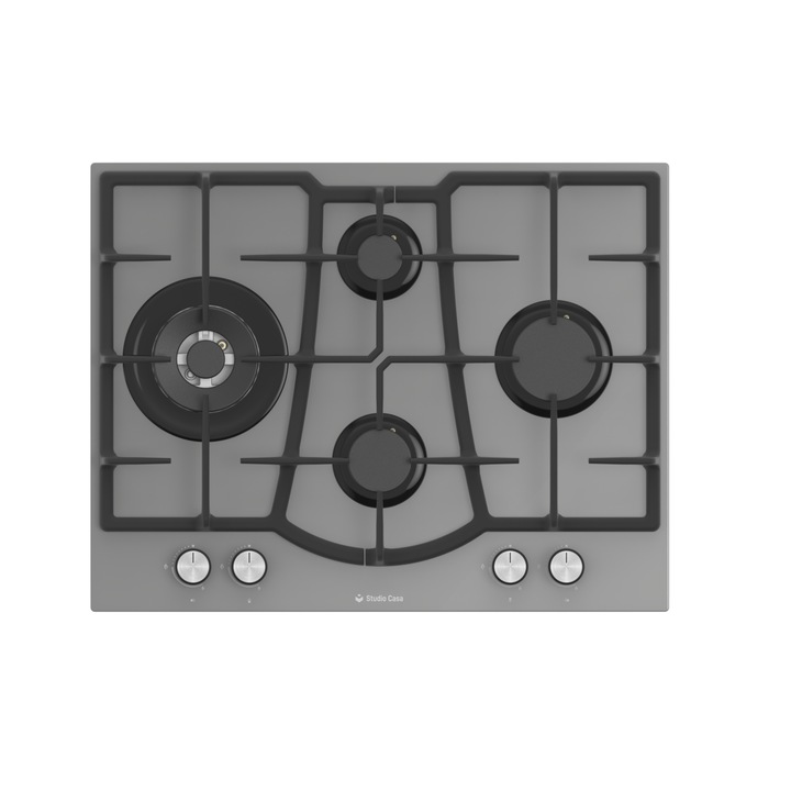 Beépíthető gáztűzhely Studio Casa Elegance Grey, 70 cm, 4 gázégő, Wok, Elektromos gyújtás, Öntöttvas grill, Biztonsági szelep, Szürke üveg
