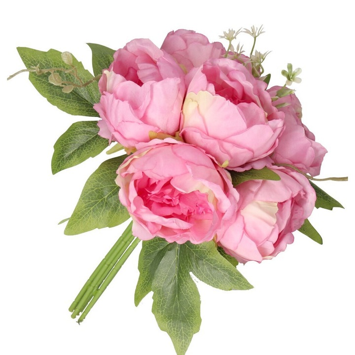 Buchet flori artificiale, Satin, Bujori, 28-30 cm, Roz/Verde