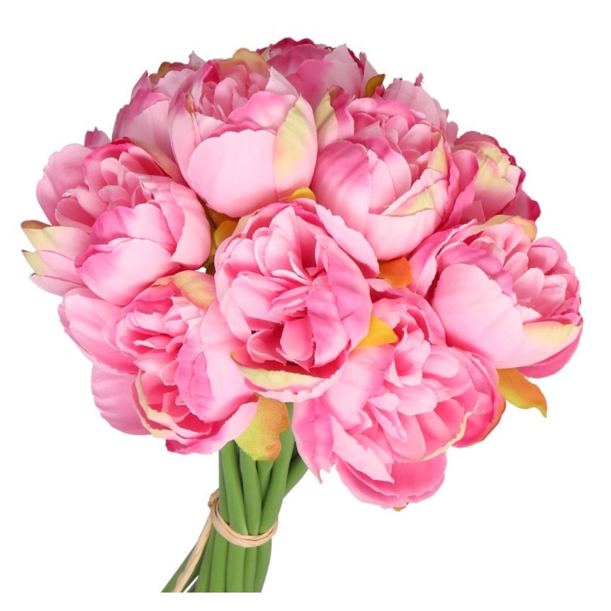 Buchet 11 fire flori artificiale, Bujor, Silicon, 25 cm, Roz/Verde ...