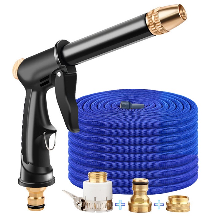 Kit pistol de spalare cu inalta presiune, cu cap de lance de apa/trei conectori/furtun telescopic de 7,5 m, 2,5 m inainte de umplere, Curatator de gradina, Negru