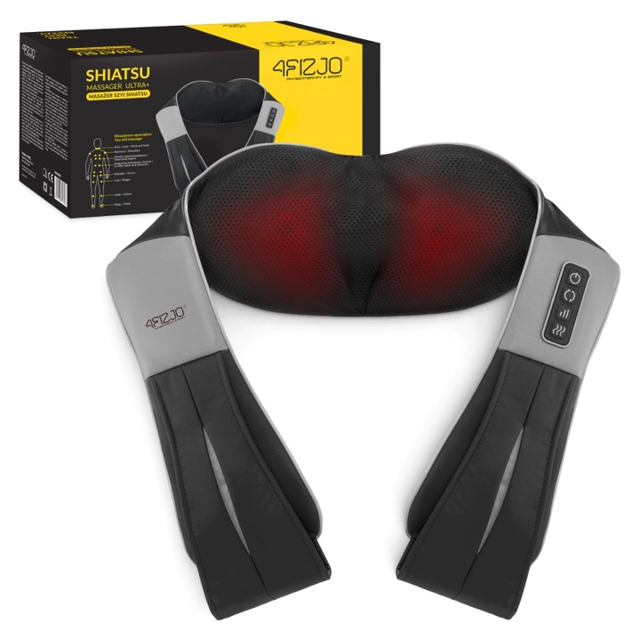 Aparat Profesional pentru Masaj Shiatsu 4FIZJO cu 8 Puncte de Masaj si 3 Viteze, Perna Electrica 4D, Intensitate Reglabila, pentru Gat, Spate, Umeri, Picioare, Abdomen, Ultra Silentios, 120 x 18 x 13 cm, Negru/Gri