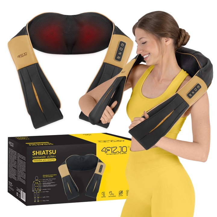 Shiatsu masszírozó, 4FIZJO, 8 masszázsponttal és 3 sebességgel, 4D elektromos párnával, állítható intenzitással, hát, váll, lábak, has, nyaki fájdalomra 120 x 18 x 13 cm, ingyenes autós töltővel, fekete/arany