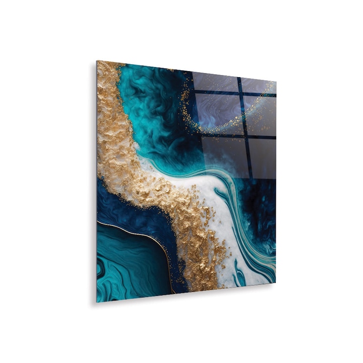 Tablou Sticla Acrilica Plexiglas, Blue and Gold Abstract Fluid Epoxy, 50x60 cm