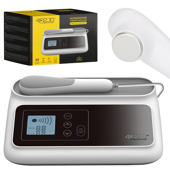 Aparat pentru terapie cu ultrasunete, PRO+ 4FIZJO, 5 niveluri de frecventa, Functie inteligenta de control al temperaturii, cu temporizator incorporat, cu aplicator manual cu transductor, 32 × 22 × 6 cm, Alb/Negru