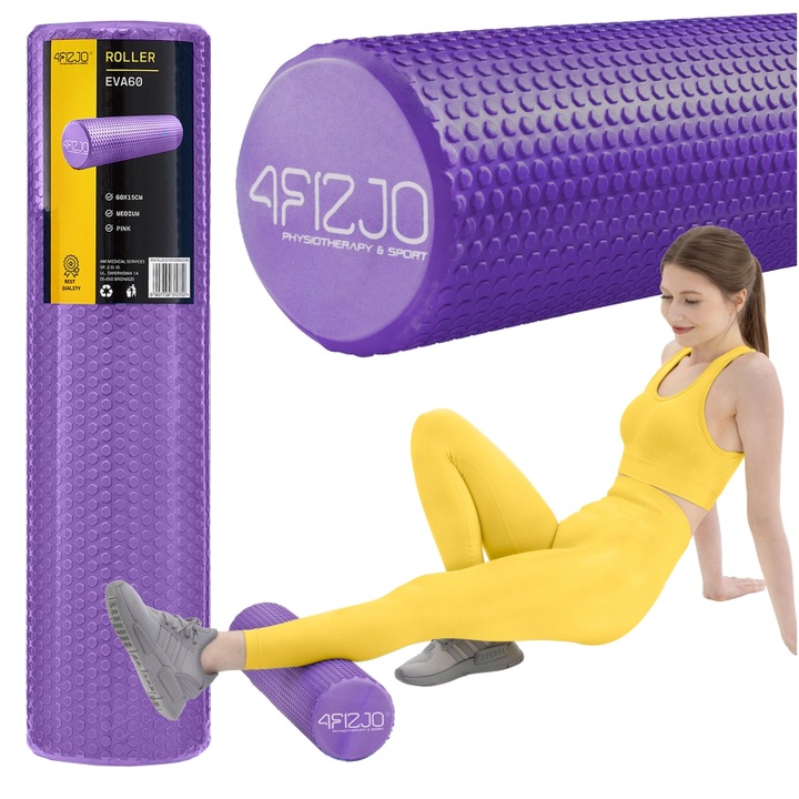 Cilindru de masaj pentru recuperare musculara, de duritate medie, cu protuberante mici, pentru incepatori si avansati, 4FIZJO, 60 x 15 cm, Spuma, Violet