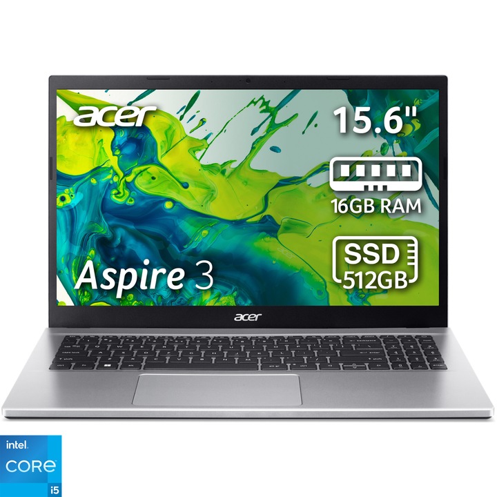 Acer Aspire 3 A315-59-5608 laptop Intel® Core™ i5-1235U processzorral max. 4.4GHz, 15.6", Full HD, IPS, 16GB DDR4, 512GB SSD, Intel® Iris® Xe Graphics, No OS, Nemzetközi angol billentyűzet, Ezüst