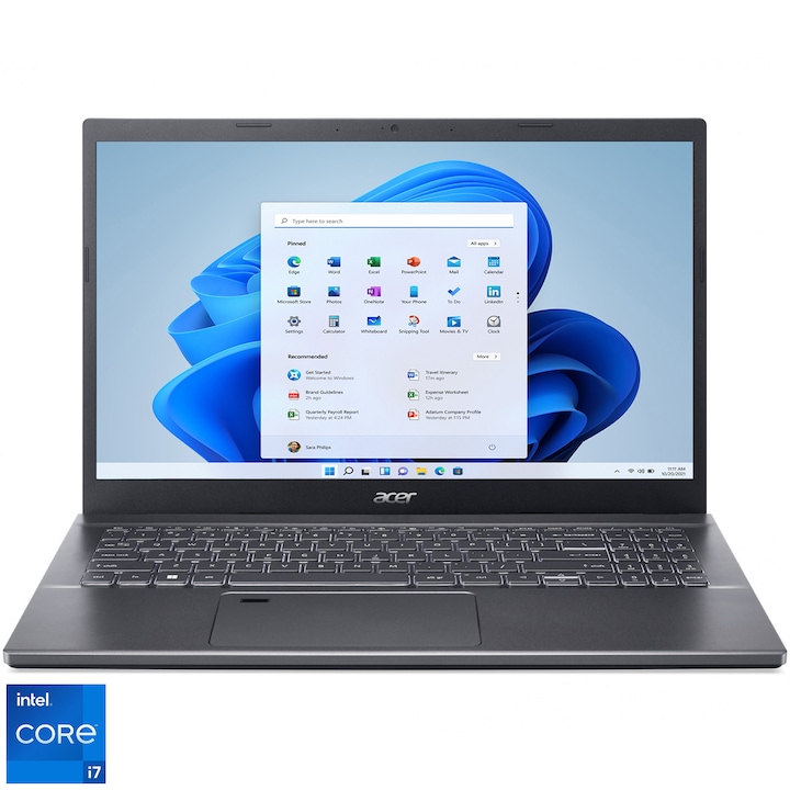 Laptop Acer Aspire 5 A515-57-72NE cu procesor Intel® Core™ i7-12650H, pana la 4.7 GHz, 15.6", Full HD, IPS, 16GB DDR4, 512GB SSD, Intel® UHD Graphics, Windows 11 Home, No OS, Steel Gray