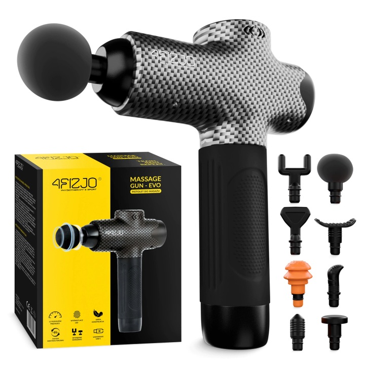 Masszázspisztoly Massage, 4FIZJO, Massage Gun Evo, 6 sebességfokozat, csendes kefe nélküli motor, motorteljesítmény 240W, 6 fej, tároló tok, Fekete