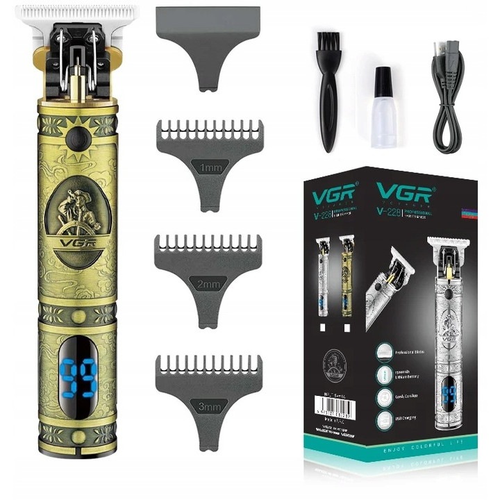 Trimmer pentru tuns si barbierit par/barba, VGR, 7 in 1, Acumulator Li-ion, USB, 3 capete, ulei, afisaj LED, auriu