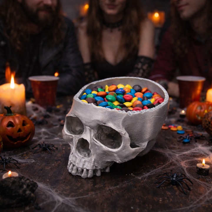 Bol decorativ Craniu Uman realist, bol pentru snacksuri si bomboane, design gotic, Argintiu