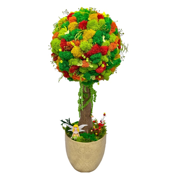 Aranjament floral tip Copacel / Pomisor cu licheni naturali stabilizati si plante naturale criogenate, Eventissimi, Multicolor, 55 cm, vaza ceramica