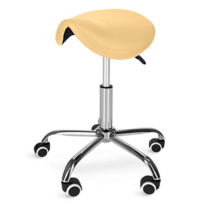 Taburet de masaj pivotant de masaj saua, ERGO, 4FIZJO, pentru sali de tratament, clinici, inaltime reglabila 46.5 - 61.5 cm, rezistent la toate lichidele, sarcina maxima 150 kg, Piele ecologica/Metal, Bej