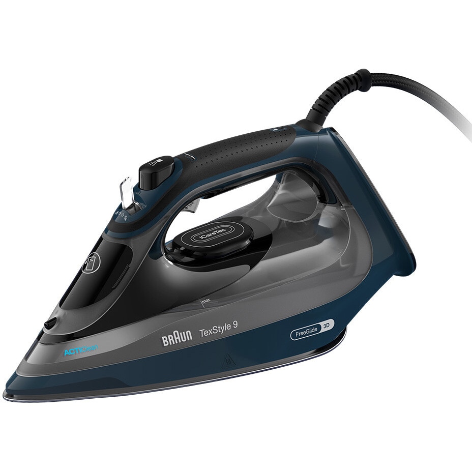 Fier de calcat Braun TexStyle 9 SI9682DB, 3200W, jet de abur 260g/min, abur variabil 0-60 g/min, talpa EloxalPlus, sistem ActiClean, rezervor 330 ml, tehnologie FreeGlide 3D, oprir