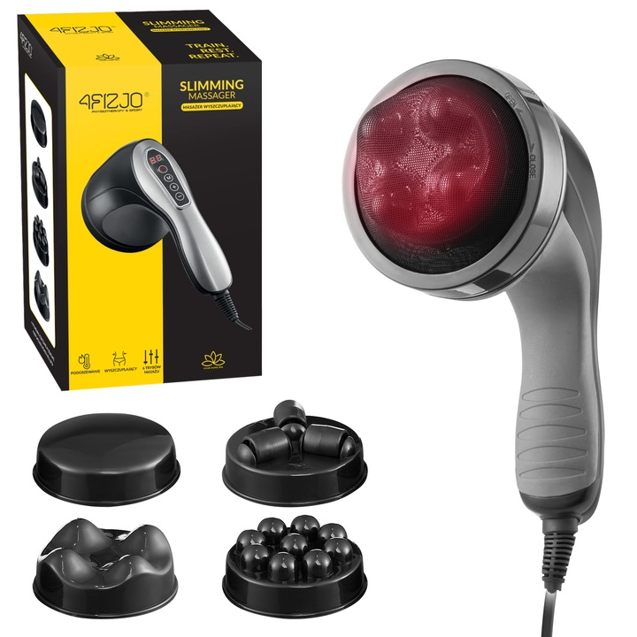 Aparat de masaj profesional anticelulitic 4FIZJO, Cu 4 capete de masaj, Pentru relaxare musculara, 6 nivele de intensitate, 3500 Oscilati pe Minut, Incalzire cu infrarosu, Viteza variabila, ABS, Negru