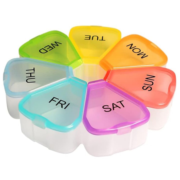 Organizator medicamente saptamanal, Axroad Mall, 7 compartimente, Forma floare, Inchidere etans, Ingrosat si durabil, Impermeabila, Portabila, Usor de dezasamblat, PP, 2.5cmx12cmx12cm, Multicolor