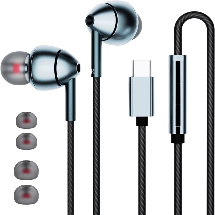 Casti In-Ear cu Fir, USB-C – Compatibile Android, Sunet HiFi, Microfon, Control Volum