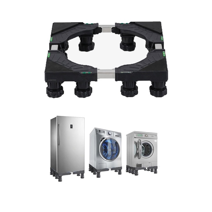 Suport pentru masina de spalat, aragaz, frigider GLIMATECH cu 12 picioare reglabile, Inaltime ajustabila 10-13cm, lungime/latime ajustabila 40-65cm, Sustinere 300kg, Negru